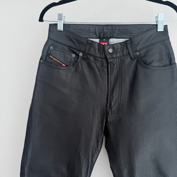 Vintage Diesel Leather Pants Womens 26 Black Y2K Flare Bootcut Low Rise Biker - Picture 2 of 16